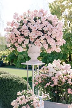 a white vase filled with pink flowers on top of a table next to potted plants