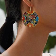 Shein Boho Festival Flower Drop Round Dangle Earrings 100% Alloy, Eardrop Height: 2.4”, Eardrop Width: 1.8” Multicolor Bohemian Earrings With Flower Charm, Bohemian Multicolor Earrings With Flower Charm, Multicolor Flower Charm Drop Earrings, Nickel Free Flower Earrings For Summer, Summer Multicolor Earrings With Flower Charm, Multicolor Drop Flower Earrings, Bohemian Multicolor Flower Charm Earrings, Multicolor Flower-shaped Jewelry With Floral Print, Multicolor Floral Print Flower Earrings