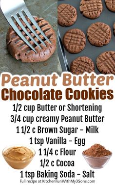 an advertisement for peanut butter chocolate cookies on a baking sheet with a cookie spatula