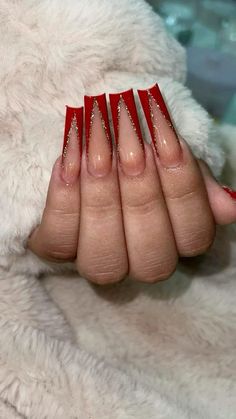 Cute Red Nail Designs Simple, Red Nail Set Simple, Red V Tip Acrylic Nails, Crimson Red Nails Acrylic, Long Red Acrylics, Unique Acrylic Nails Red, Red Nail Set Prom, Red Acyrilics Nails Design, Silver And Burgundy Nails