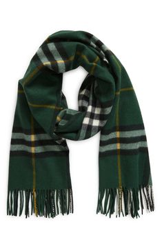 The label's iconic check patterns a fringed scarf made of washed-cashmere woven on traditional looms at a 200-year-old Scottish mill. 21" x 79"; 3 1/2" fringe 100% cashmere Dry clean Made in the UK Fern Green, Cashmere Scarf, Check Pattern, Fern, The Uk, Anatomy, Burberry, Cashmere, Dry Clean