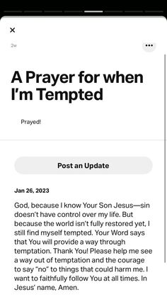 an iphone screen with the text, prayer for when i'm tempteded