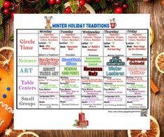 the winter holidays calendar is shown with oranges and other holiday items around it on a table