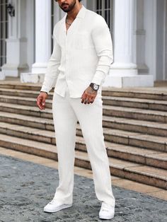 Silver & White White Shirt And White Pants Outfit, All White Look Men, Mens Outfits For Engagement Pictures, Men All White Outfit Party, Men’s White Outfit, Full White Outfit Men, Guys Clothes Style Mens Fashion