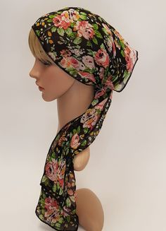 Chiffon summer headband, extra wide hair covering, lightweight floral head scarf, hair wrap, head wrap, neck scarf. The dimensions of this scarf : the length - 145 cm ( 57 inches) ; the width - 29 cm ( 11 inches). I made this Stylish Headscarf from lightweight polyester chiffon fabric, one single layer of fabric has been processed by overlock. The scarf is not pre-tied , this is self tie head scarf. The Head Scarf looks amazing and can help you in many ways. The style is elegant and practical. H