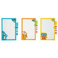 three children's notepads with cartoon characters on the front and back sides