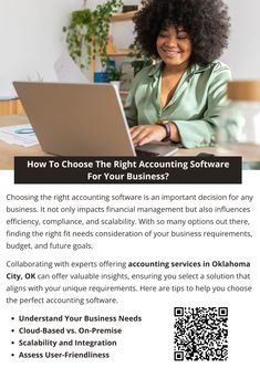 a woman sitting in front of a laptop computer with the text how to choose the right accounting software for your business?