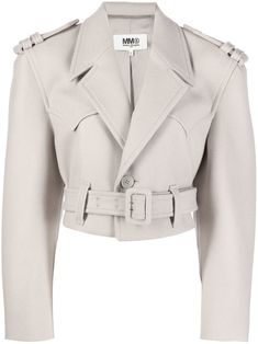 Fall Cropped Belted Jacket, Chic Cropped Belted Outerwear, Chic Belted Cropped Outerwear, Belted Cropped Jacket For Spring, Belted Long Sleeve Cropped Jacket For Winter, Belted Cropped Jacket With Long Sleeves For Winter, Wool Cropped Outerwear For Office, Cropped Trench Coat, Cropped Biker Jacket