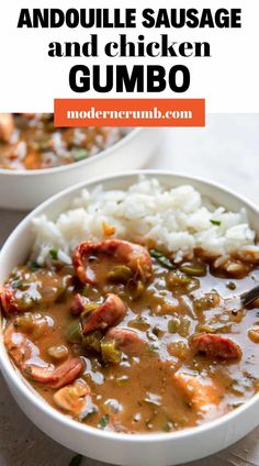 two bowls filled with sausage and chicken gumbo next to white rice on a wooden table