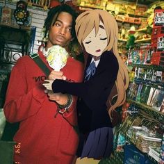 a man standing next to a woman in a store