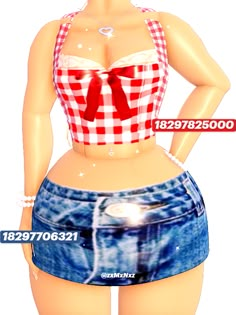 a female mannequin wearing a red and white checkered top with blue denim shorts