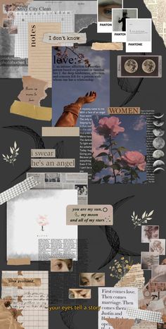 a collage of different types of papers and pictures with words on them, including the word