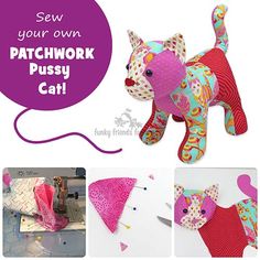 Memory Cat Pattern, Patchwork Cat Pattern, Soft Toy Patterns Free Templates Sewing, Stuffed Cat Pattern, Cat Stuffed Toy, Stuffed Toy Pattern, Cat Diy Crafts, Tula Pink Quilt, Diy Plush Toys