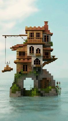 a floating house in the middle of water with a crane hanging from it's side