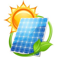 a solar panel with the sun in the background and green leaves around it, on top of a white background