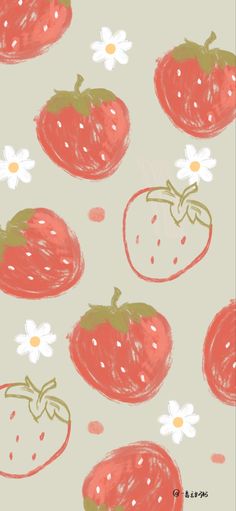 a drawing of strawberries and daisies on a light green background with polka dots