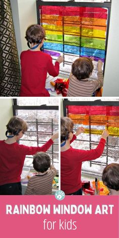 two children playing with rainbow window art in front of a window that has the words rainbow window art for kids on it