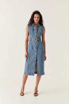 Darcie Denim Midi Dress | 90's Wash | Aje – Aje ROW Chic Belted Denim Dress For Work, Knee-length Belted Denim Dress For Work, Belted Midi Denim Dress For Work, Knee-length Denim Dress With Buttoned Pockets For Work, Workwear Denim Dress With Button Closure, Denim Button-up Midi Dress For Work, Chic Mid-length Denim Dress For Work, Denim Midi-length Shirt Dress For Work, Denim Midi Length Shirt Dress For Work