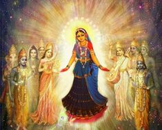 an image of goddesss with the sun shining in the sky behind them and surrounded by other women