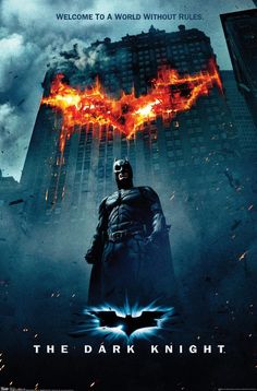 the dark knight rises poster with batman in it's costume and flames coming from his chest