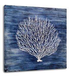 a painting of a white coral on blue wood with water in the backgroud