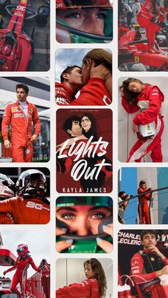 the collage shows many different images of people in racing suits and helmets, with one person kissing another man's face