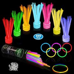 glow sticks and rings are shown in the dark with various colors on them, including neons