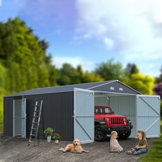 two children and a dog are sitting in front of a garage with a red jeep