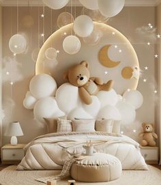 a teddy bear sitting on top of a bed in a room with balloons and stars