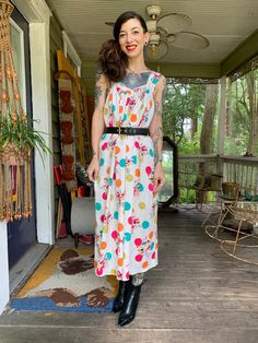 "This dress just makes me happy. It's bright, trippy, flowy, and just all things fun. 1970's Op Art Mary McFadden stunner with a white psychedelic back print and multi-color polka dot and brush stroke floral forefront. Cross back, lightweight and airy. Perfect for summer, without being sheer. Fits up to large easily. Bust: 36/38\" Waist: free Hips: free Length: 47\" Model is 5'7\" and 115 lbs with measurements of 32x24x34. Buy with confidence as all photos are taken in natural lighting." Colorful Spring Festival Maxi Dress, Retro Summer Maxi Dress, Vibrant Spring Festival Maxi Dress, Retro Multicolor Maxi Dress For Summer, 1970s Retro Print Spring Dress, Retro Multicolor Maxi Dress With Vibrant Print, Retro Spring Maxi Dress With Vibrant Print, Vintage Summer Maxi Dress With Retro Print, Vintage Summer Dresses With Vibrant Print