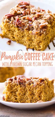 pumpkin coffee cake with brown sugar and pecan toppings on top is cut in half