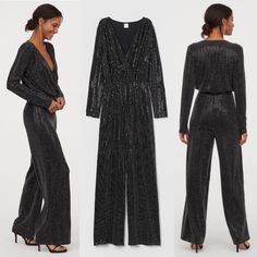 H&M Glittery Sparkly Pant Jumpsuit Size: Xs Long-Sleeved Jumpsuit In Jersey Draped, Low-Cut V-Neck Gathers At Shoulders Wrapover Bodice Narrow, Elasticized Seam At Waist Straight, Wide Legs. 93% Polyester , 4% Spandex , 3% Metallized Fiber Approximate Measurements: 16” Shoulder To Waist Seam 12.5” Front Rise (Waist Seam To Crotch) 11.5” Waist Along Elastic (Un-Stretched) / 21” (Stretched) 31” Inseam 11" Leg Opening 59" Total Length (Shoulder To Leg Opening) New To Poshmark? Use Code Lashopaholic Metallic Sequined Jumpsuits And Rompers For Night Out, Metallic Long Sleeve Jumpsuits And Rompers For Night Out, Metallic Long Sleeve Jumpsuits For Night Out, Metallic Long Sleeve Jumpsuits And Rompers For Party, Metallic Sequined Jumpsuits And Rompers For Party Season, Glamorous Metallic Jumpsuits And Rompers With Sequins, Glamorous Metallic Jumpsuit With Sequins, Shimmer Jumpsuits And Rompers For Party Season, Metallic Jumpsuits And Rompers For Night Out