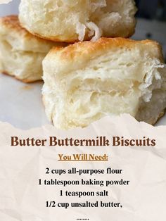 2 cups flour\n1 tbsp baking powder\n1 tsp salt\n1/2 cup cold butter\n3/4 cup buttermilk\nPreheat oven to 450F. Whisk flour, baking powder, salt. Cut in butter. Make a well, pour in buttermilk. Stir until dough comes together.\nKnead dough, pat out into a 1-inch thick rectangle. Cut out biscuits. Gather scraps, pat out again.\nBake for 12-15 minutes or until golden brown. Serve warm.\n#HomemadeBiscuits #BakingRecipes #EasyBreakfast Easy Buttermilk Biscuits, Best Biscuit Recipe, Homemade Biscuits Recipe, Easy Biscuit Recipe, Buttermilk Biscuits Recipe, Homemade Bread Recipes Easy, Biscuit Bread, Biscuits Easy, Biscuits Recipe