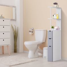 a white toilet sitting in a bathroom next to a cabinet