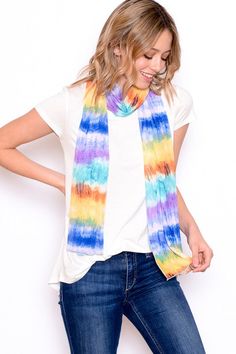 Beautiful Oblong Scarf with fun, colorful multicolor print. Easy to wear - add a little bit of brightness to your wardrobe - wear it multiple ways. Pair it as a scarf with solid color tops or wear as a shawl cover up with a sleeveless dress. Perfect item to take from spring into summer. *92% polyester, 8% spandex (soft mesh texture and has some stretch to it) Made in USA Casual Multicolor Scarves, Spring Casual Scarves, Casual Yellow Scarf For Spring, Casual Multicolor Scarf, One Size, Casual Spring Scarves, Trendy Multicolor One-size Top, Trendy Multicolor One Size Tops, Casual Multicolor Scarves For Vacation, Multicolor Casual Scarves For Vacation