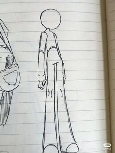 a drawing of a person standing next to a car on a notebook page with lines