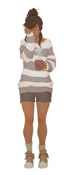 a drawing of a girl with her arms crossed and holding a cup in one hand