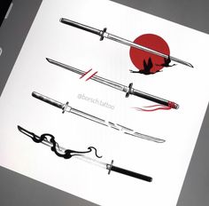 four different types of swords are shown in this graphic art work, with the sun behind them