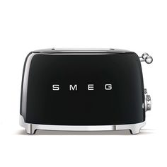 the smeg toaster is black and silver