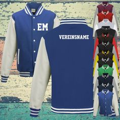 **College Jacket Varsity Jacket with custom print** Here we offer you a college jacket with your desired print. The jacket is ideal for individual messages, desired names, numbers...for clubs, for the family, for birthdays, for school, for club sports, dance clubs, Football clubs, carnival clubs, tennis, handball, darts, skateboarding, bowling, Fishing, work clothes, universities, colleges, gardening, school sports, football, workshops.... the right thing for big and small, for grandma and grand Blue Varsity Jacket With Baseball Collar For School, School Spirit Long Sleeve Varsity Jacket For Sports, College Team Spirit Varsity Jacket With Team Name, Collegiate Varsity Jacket For College, College Team Name Varsity Jacket, College Team Name Varsity Jacket For Winter, Winter College Varsity Jacket With Team Name, White Varsity Jacket With Team Name For Sports Events, Winter Sports Outerwear With School Spirit Style