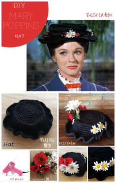 an advertisement for mary poppin's hat with pictures of flowers on it