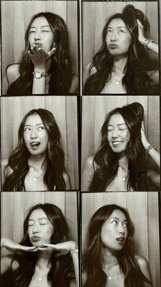 black and white photo collage of woman making funny faces with her hair blowing in the wind