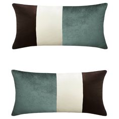 two pillows with different colors on them, one is green and the other is brown