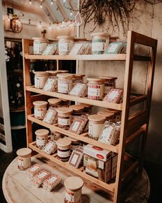 the shelves are filled with different types of food