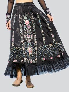 Description Product ID: DS2032714 Material: Cotton, Viscose, Tencel Pattern: Floral Season: Spring, Summer Style: Ethnic Occasion: Daily, Party, Trip Package included: 1 * Skirt Size Chart(Asian Size): Please allow 1-3 cm measured error. Size Length Waist One Size 90cm | 35.4 in 64cm - 74cm | 25.2'' - 29.1 in Black Bohemian Dress With Flowy Skirt, Long Skirt With Floral Embroidery For Party, Bohemian Black Maxi Skirt, Bohemian Flowy Skirt With Floral Embroidery, Folk Style Festival Skirt For Spring, Embroidered Long Black Skirt, Spring Festival Folk Style Skirt, Spring Folk Festival Skirt, Spring Festival Folk Skirt