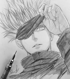 a pencil drawing of an anime character with his hair blowing in the wind and looking up