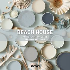 the beach house home paint palette is shown with shells and seashells on it