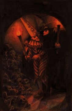 a painting of a clown holding an umbrella in front of a full moon and skulls