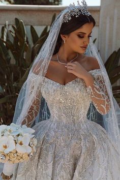 Looking for a dress in Satin,Tulle, A-line style, and Amazing Appliques,Sequined work? We meet all your need with this Classic Luxurious Ball Gown Sequins Bridal Dress Long Sleeves Satin Maxi Dress. Crystal Wedding Dress, Satin Ball Gown, Global Dress, Satin Tulle, Applique Wedding