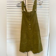 Overall Dress 2x Olive Green Corduroy Functional Buttons And Pockets!! Never Worn, Only Tried On Corduroy Dresses For Spring, Casual Knee-length Corduroy Dress, Casual Corduroy Dresses With Button Closure, Casual Corduroy Dress With Pockets, Spring Corduroy Dress With Buttons, Spring Casual Corduroy Dress, Casual Spring Corduroy Dress, Sleeveless Corduroy Summer Dress, Casual Sleeveless Corduroy Dress